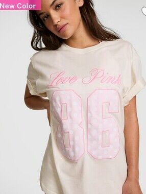 PINK Victoria's Secret COZY WHITE POLKA DOT Embroidered Campus Tee Shirt NEW XS